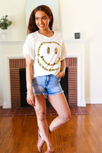 Live For Today Floral Smiley Face Flutter Sleeve Tee in White