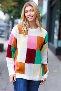 Adorable & Cozy Ivory & Camel Checker Jacquard Knit Sweater