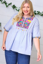 Load image into Gallery viewer, Navy Stripe Embroidered Beaded Pom Pom Yoke Top
