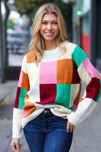 Adorable & Cozy Ivory & Camel Checker Jacquard Knit Sweater