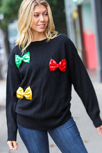 Load image into Gallery viewer, Making Spirits Bright Black Multicolor Sequin Bow Knit Sweater
