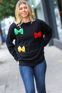 Making Spirits Bright Black Multicolor Sequin Bow Knit Sweater