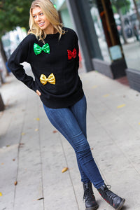 Making Spirits Bright Black Multicolor Sequin Bow Knit Sweater