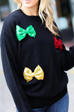 Load image into Gallery viewer, Making Spirits Bright Black Multicolor Sequin Bow Knit Sweater
