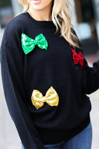 Making Spirits Bright Black Multicolor Sequin Bow Knit Sweater