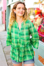 Load image into Gallery viewer, Effortlessly Chic Plaid Notched Neck Babydoll Top in Kelly Green
