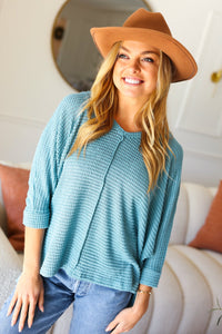 Just My Type Jacquard Hi-Low V Neck Sweater Top in Dusty Teal