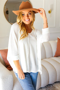 Just My Type Jacquard Hi-Low V Neck Sweater Top in White