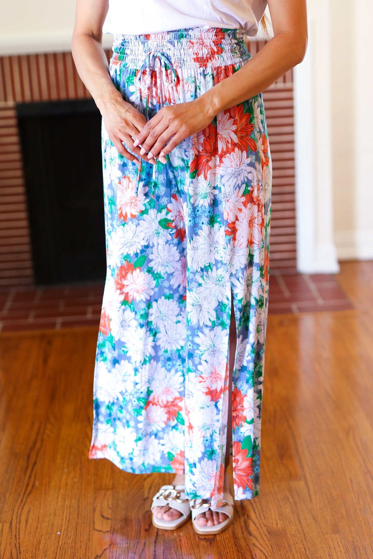 Vacay Vibes Smocked Waist Side Slit Palazzo Pants in Green Floral