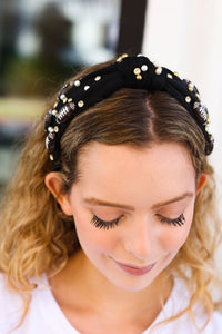 Stone & Gem Football Embellished Top Knot Headband in Black