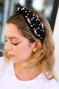 Stone & Gem Football Embellished Top Knot Headband in Black