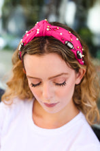 Load image into Gallery viewer, Stone &amp; Gem Football Embellished Top Knot Headband in Fuchsia
