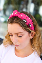 Load image into Gallery viewer, Stone &amp; Gem Football Embellished Top Knot Headband in Fuchsia
