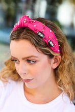 Load image into Gallery viewer, Stone &amp; Gem Football Embellished Top Knot Headband in Fuchsia
