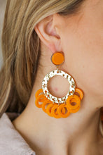 Load image into Gallery viewer, Tangerine Gold Disc Hoop Dangle Earrings

