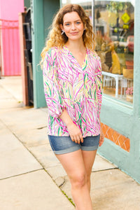 Abstract Motion Print V Neck Top in Fuchsia & Yellow