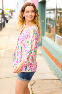 Abstract Motion Print V Neck Top in Fuchsia & Yellow