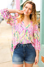 Load image into Gallery viewer, Abstract Motion Print V Neck Top in Fuchsia &amp; Yellow
