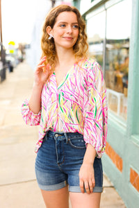 Abstract Motion Print V Neck Top in Fuchsia & Yellow
