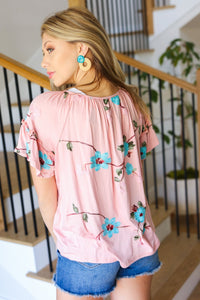Remember Me Floral Embroidery Flutter Sleeve Top in Pink