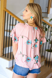 Remember Me Floral Embroidery Flutter Sleeve Top in Pink