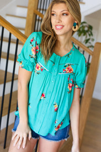 Remember Me Floral Embroidery Button Down Top in Turquoise