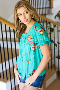 Remember Me Floral Embroidery Button Down Top in Turquoise