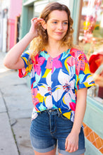 Load image into Gallery viewer, Navy &amp; Yellow Tropical Floral V Neck Top
