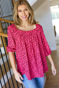 Perfectly You Floral Three Quarter Sleeve Square Neck Top in Fuchsia