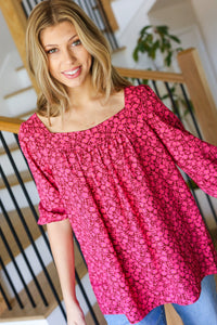 Perfectly You Floral Three Quarter Sleeve Square Neck Top in Fuchsia