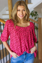 Load image into Gallery viewer, Perfectly You Floral Three Quarter Sleeve Square Neck Top in Fuchsia
