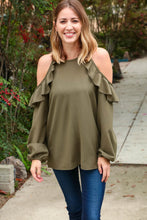 Load image into Gallery viewer, Hunter Green Halter Cold Shoulder Ruffle Woven Top
