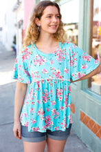 Load image into Gallery viewer, Sky Blue Three-Quarter Sleeve Floral Peplum Babydoll Top
