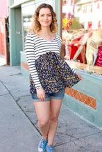 Load image into Gallery viewer, Cream &amp; Navy Floral Stripe V Neck Colorblock Top
