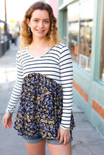 Load image into Gallery viewer, Cream &amp; Navy Floral Stripe V Neck Colorblock Top
