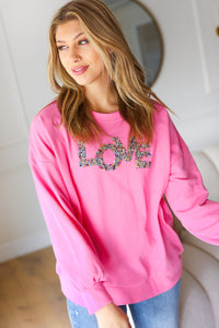 "LOVE" Jewel Beaded Patch Pullover Top in Pink