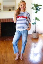 Load image into Gallery viewer, America Proud Blue Striped Embroidered Puff Sleeve Top
