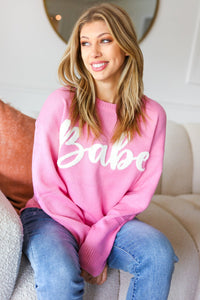 "Babe" Embroidered Pop Up Sweater in Pink