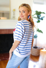 Load image into Gallery viewer, America Proud Blue Striped Embroidered Puff Sleeve Top
