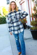 Load image into Gallery viewer, Take The Leap Navy Plaid Fringe Button Down Shacket

