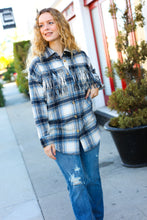 Load image into Gallery viewer, Take The Leap Navy Plaid Fringe Button Down Shacket
