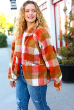 Load image into Gallery viewer, It&#39;s Your Best Plaid Sherpa Button Down Jacket in Rust &amp; Camel
