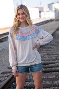 Moments in Time Taupe & Sky Blue Thermal Knit Out Seam Stitch Pullover