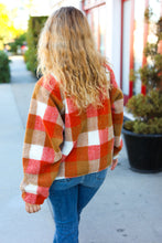 Load image into Gallery viewer, It&#39;s Your Best Plaid Sherpa Button Down Jacket in Rust &amp; Camel

