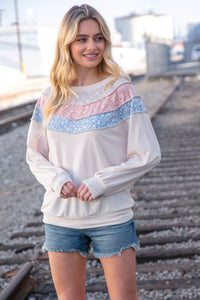 Moments in Time Taupe & Sky Blue Thermal Knit Out Seam Stitch Pullover