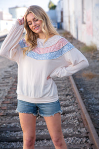 Moments in Time Taupe & Sky Blue Thermal Knit Out Seam Stitch Pullover