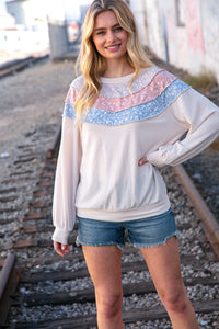 Moments in Time Taupe & Sky Blue Thermal Knit Out Seam Stitch Pullover