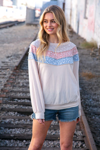 Moments in Time Taupe & Sky Blue Thermal Knit Out Seam Stitch Pullover