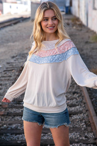 Moments in Time Taupe & Sky Blue Thermal Knit Out Seam Stitch Pullover