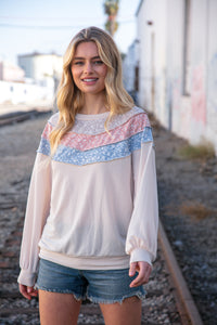 Moments in Time Taupe & Sky Blue Thermal Knit Out Seam Stitch Pullover